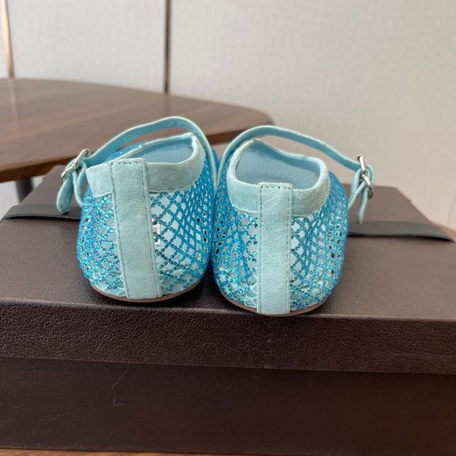 ALAIA 26S MESH FLATS IN BLUE SUEDE RHINESTONE-EMBELLISHED