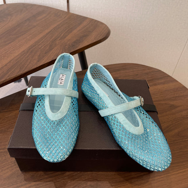 ALAIA 26S MESH FLATS IN BLUE SUEDE RHINESTONE-EMBELLISHED