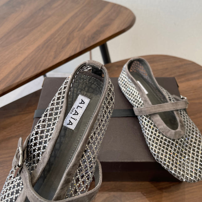 ALAIA 26S MESH FLATS IN BROWN GREY SUEDE RHINESTONE-EMBELLISHED