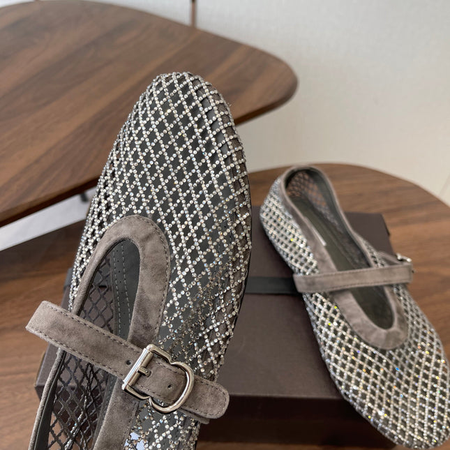 ALAIA 26S MESH FLATS IN BROWN GREY SUEDE RHINESTONE-EMBELLISHED