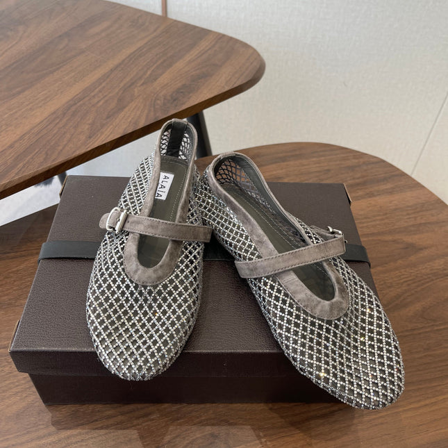 ALAIA 26S MESH FLATS IN BROWN GREY SUEDE RHINESTONE-EMBELLISHED