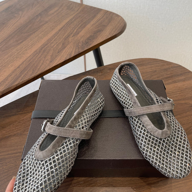 ALAIA 26S MESH FLATS IN BROWN GREY SUEDE RHINESTONE-EMBELLISHED