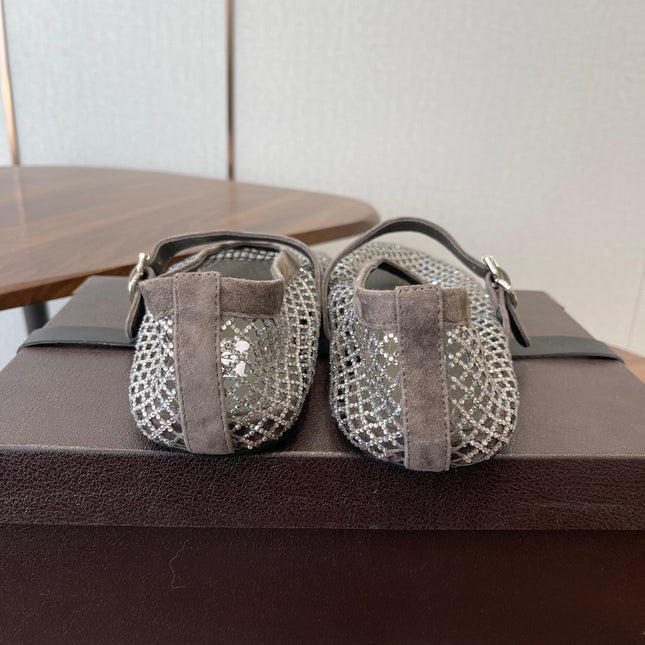 ALAIA 26S MESH FLATS IN BROWN GREY SUEDE RHINESTONE-EMBELLISHED