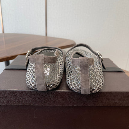 ALAIA 26S MESH FLATS IN BROWN GREY SUEDE RHINESTONE-EMBELLISHED