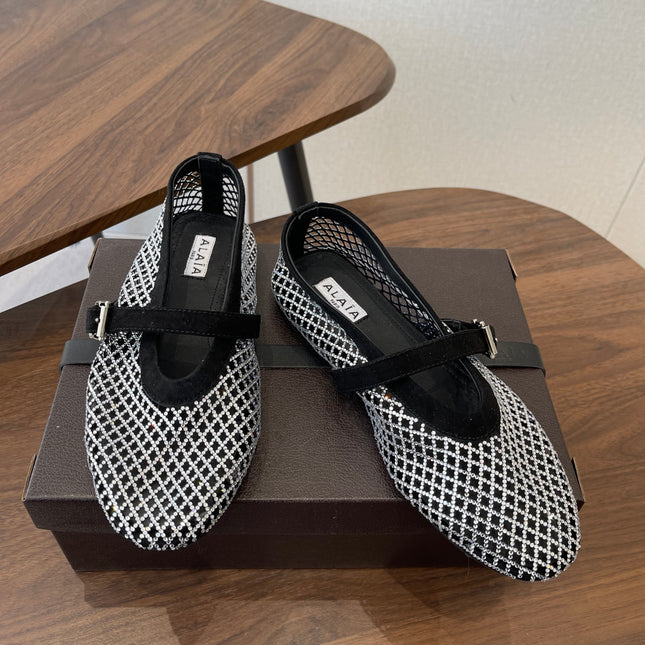 ALAIA 26S MESH FLATS IN BLACK SUEDE AND WHITE RHINESTONE-EMBELLISHED