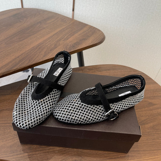 ALAIA 26S MESH FLATS IN BLACK SUEDE AND WHITE RHINESTONE-EMBELLISHED