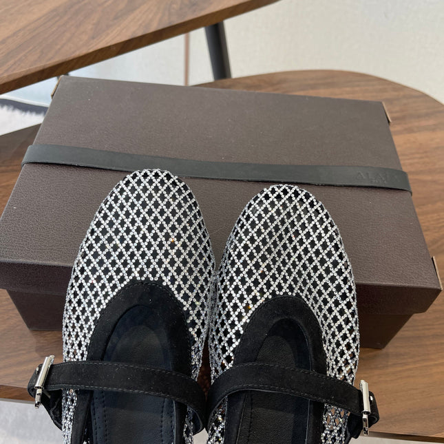 ALAIA 26S MESH FLATS IN BLACK SUEDE AND WHITE RHINESTONE-EMBELLISHED