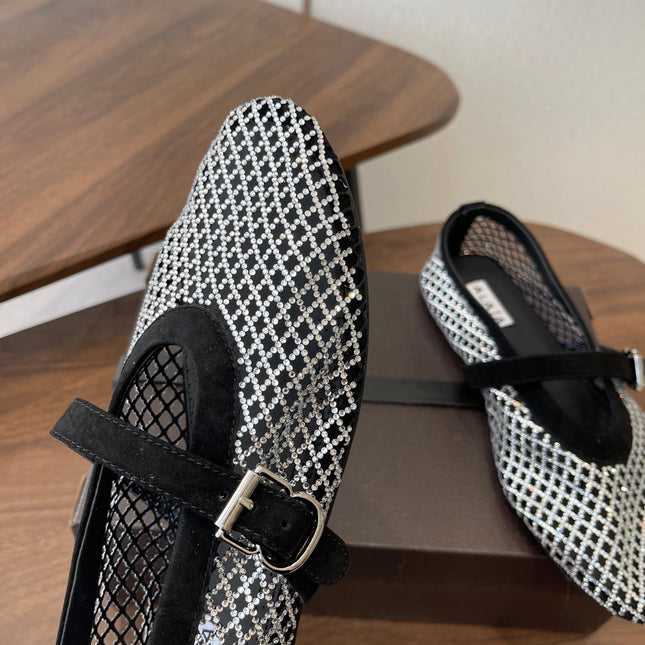 ALAIA 26S MESH FLATS IN BLACK SUEDE AND WHITE RHINESTONE-EMBELLISHED