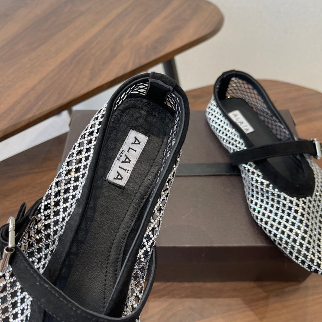 ALAIA 26S MESH FLATS IN BLACK SUEDE AND WHITE RHINESTONE-EMBELLISHED