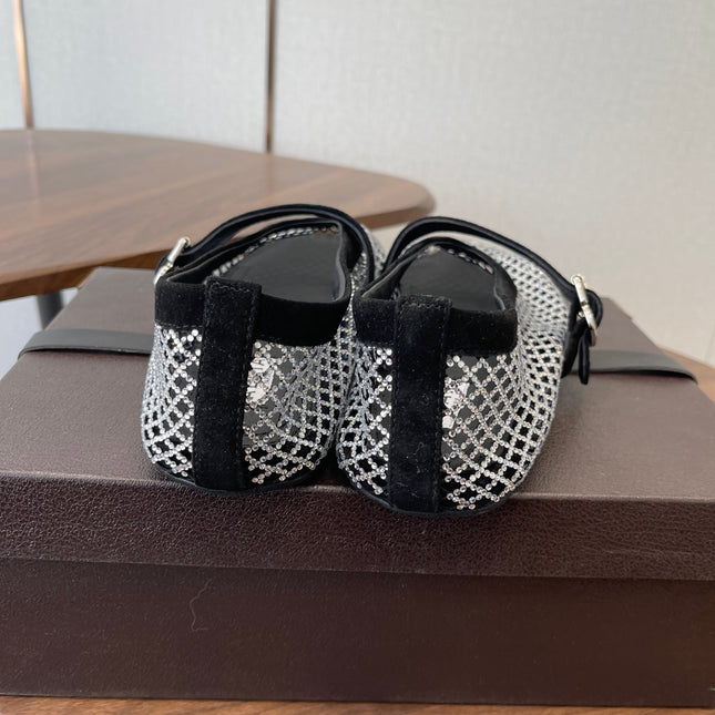 ALAIA 26S MESH FLATS IN BLACK SUEDE AND WHITE RHINESTONE-EMBELLISHED