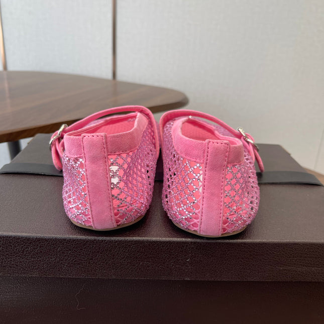 ALAIA 26S MESH FLATS IN PINK SUEDE RHINESTONE-EMBELLISHED