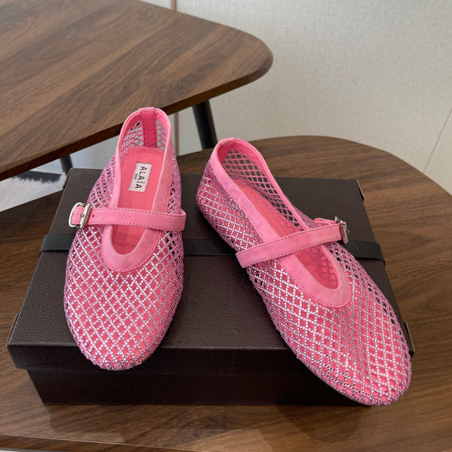 ALAIA 26S MESH FLATS IN PINK SUEDE RHINESTONE-EMBELLISHED
