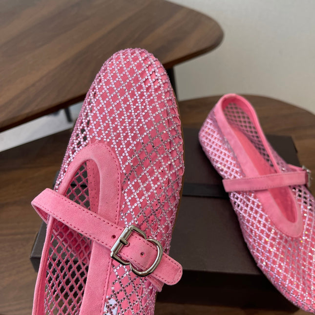 ALAIA 26S MESH FLATS IN PINK SUEDE RHINESTONE-EMBELLISHED