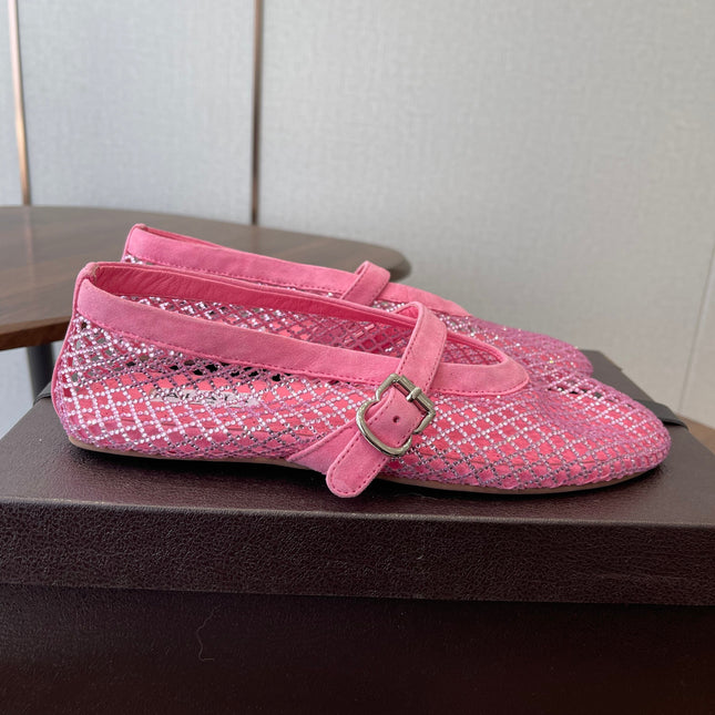 ALAIA 26S MESH FLATS IN PINK SUEDE RHINESTONE-EMBELLISHED