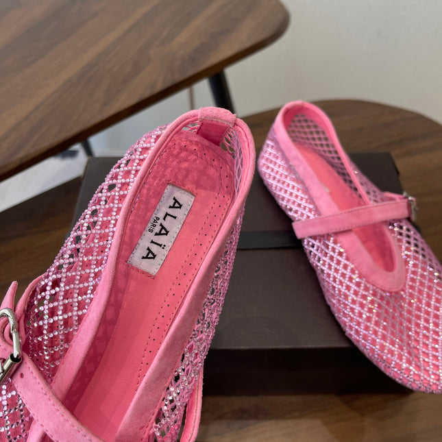 ALAIA 26S MESH FLATS IN PINK SUEDE RHINESTONE-EMBELLISHED