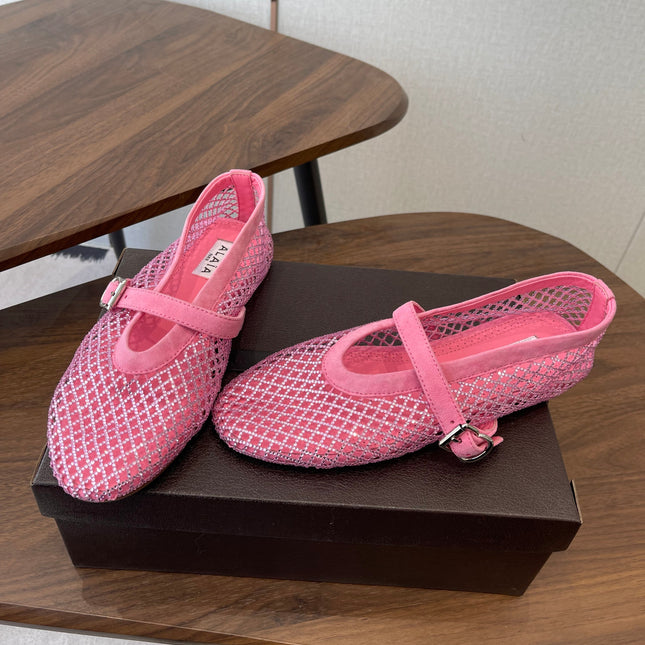 ALAIA 26S MESH FLATS IN PINK SUEDE RHINESTONE-EMBELLISHED