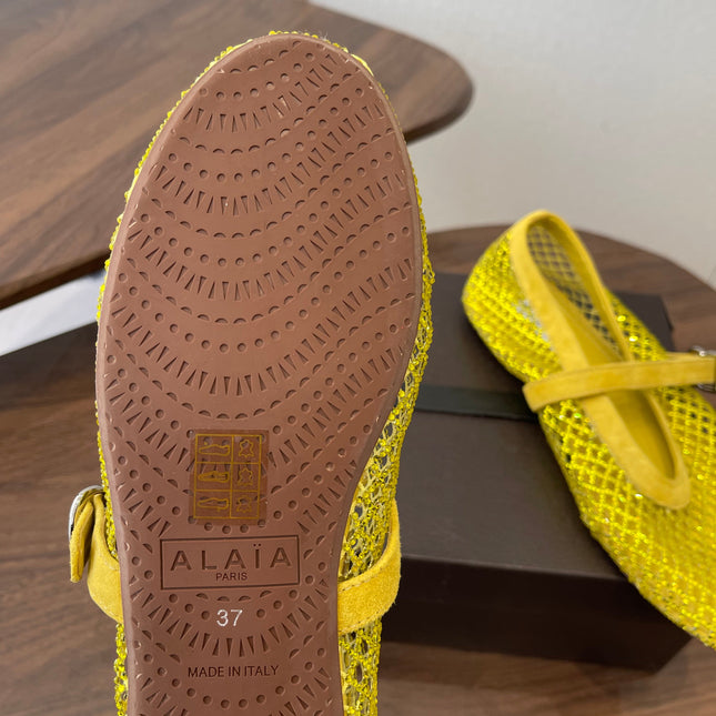 ALAIA 26S MESH FLATS IN DARK YELLOW SUEDE RHINESTONE-EMBELLISHED