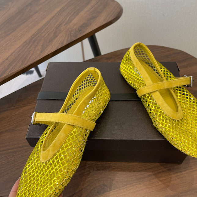 ALAIA 26S MESH FLATS IN DARK YELLOW SUEDE RHINESTONE-EMBELLISHED