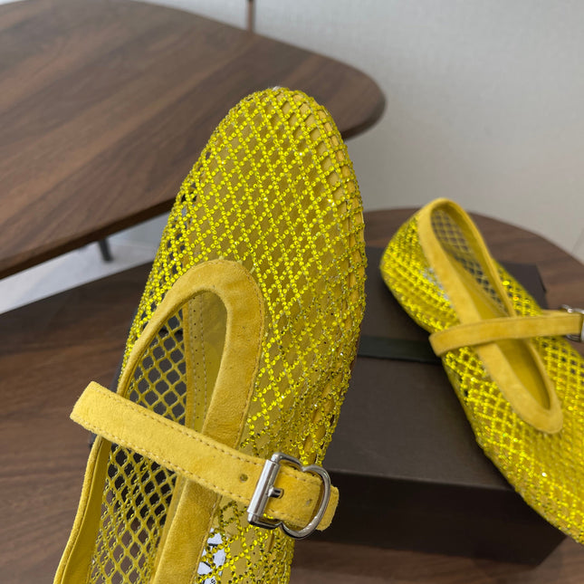 ALAIA 26S MESH FLATS IN DARK YELLOW SUEDE RHINESTONE-EMBELLISHED