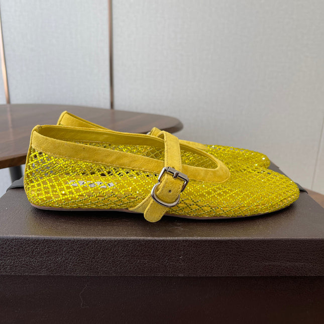 ALAIA 26S MESH FLATS IN DARK YELLOW SUEDE RHINESTONE-EMBELLISHED