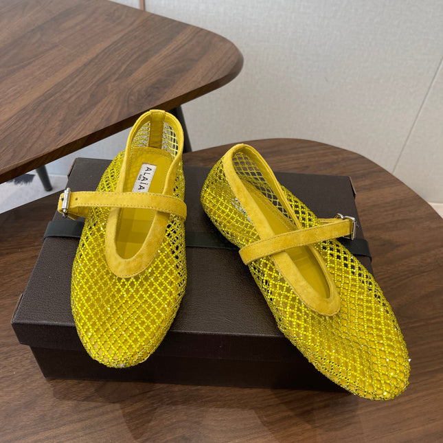 ALAIA 26S MESH FLATS IN DARK YELLOW SUEDE RHINESTONE-EMBELLISHED