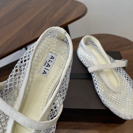 ALAIA 26S MESH FLATS IN WHITE SUEDE RHINESTONE-EMBELLISHED