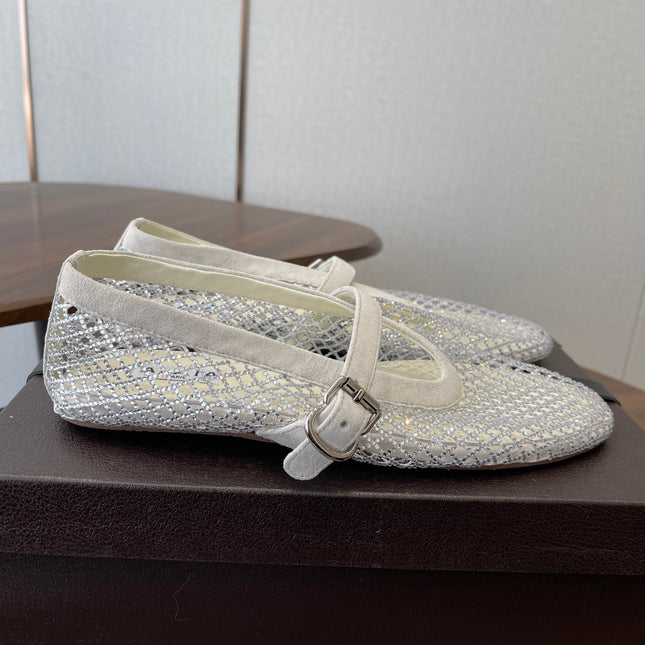ALAIA 26S MESH FLATS IN WHITE SUEDE RHINESTONE-EMBELLISHED