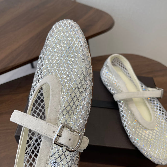 ALAIA 26S MESH FLATS IN WHITE SUEDE RHINESTONE-EMBELLISHED