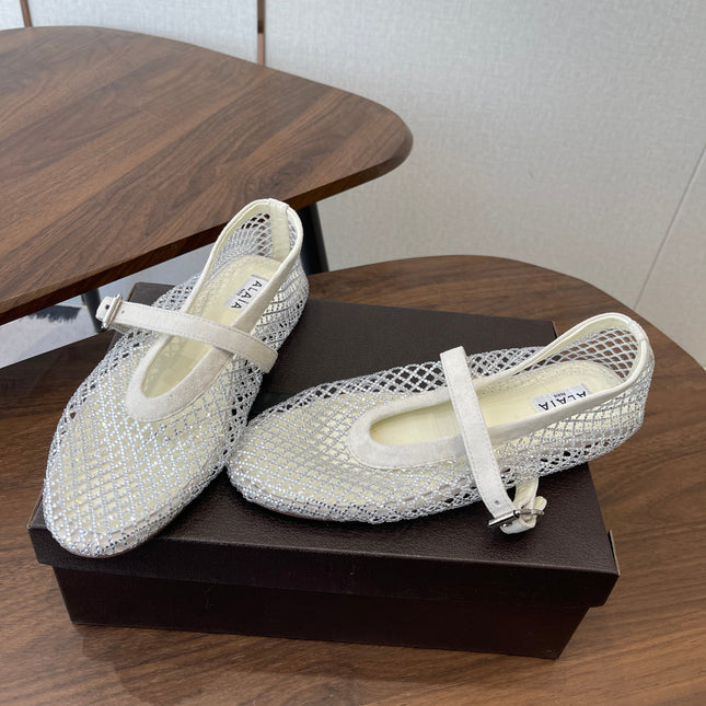 ALAIA 26S MESH FLATS IN WHITE SUEDE RHINESTONE-EMBELLISHED