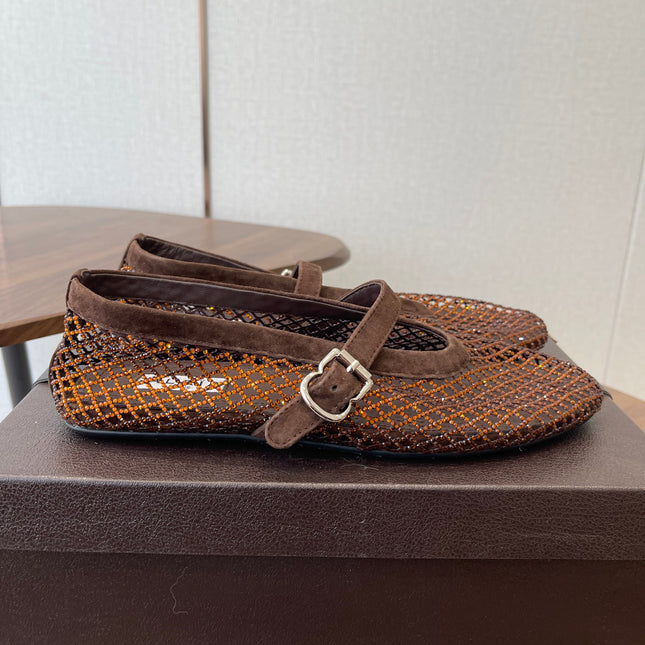 ALAIA 26S MESH FLATS IN DARK BROWN SUEDE RHINESTONE-EMBELLISHED