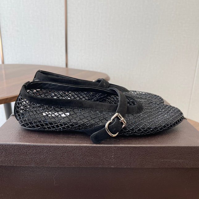 ALAIA 26S MESH FLATS IN BLACK SUEDE RHINESTONE-EMBELLISHED
