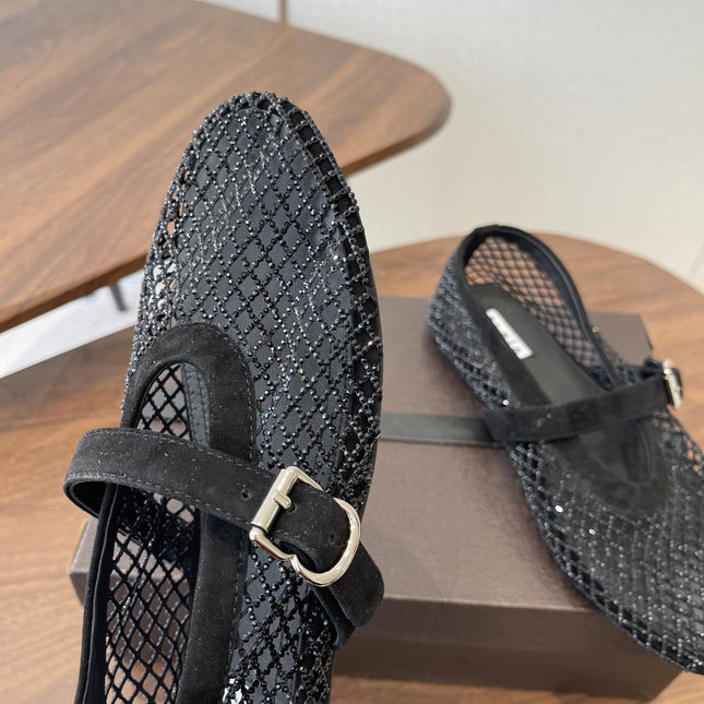 ALAIA 26S MESH FLATS IN BLACK SUEDE RHINESTONE-EMBELLISHED