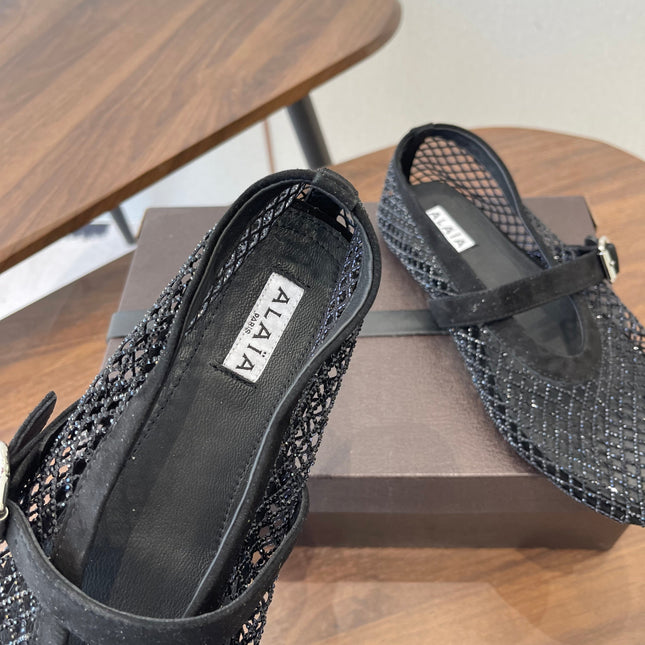 ALAIA 26S MESH FLATS IN BLACK SUEDE RHINESTONE-EMBELLISHED