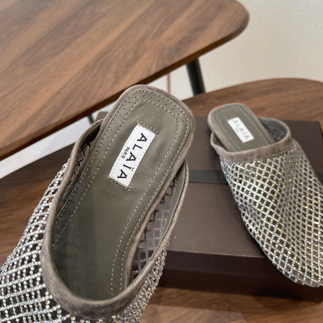 ALAIA 26S FLAT MULES IN DARK GREY SUEDE AND MESH RHINESTONE-EMBELLISHED