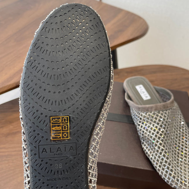 ALAIA 26S FLAT MULES IN DARK GREY SUEDE AND MESH RHINESTONE-EMBELLISHED