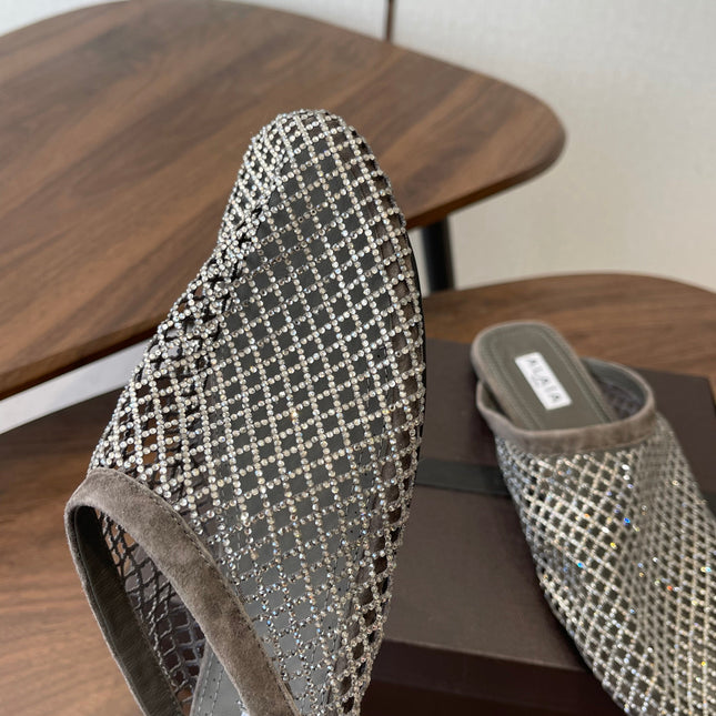 ALAIA 26S FLAT MULES IN DARK GREY SUEDE AND MESH RHINESTONE-EMBELLISHED
