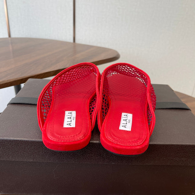 ALAIA 26S FLAT MULES IN RED SUEDE AND MESH RHINESTONE-EMBELLISHED