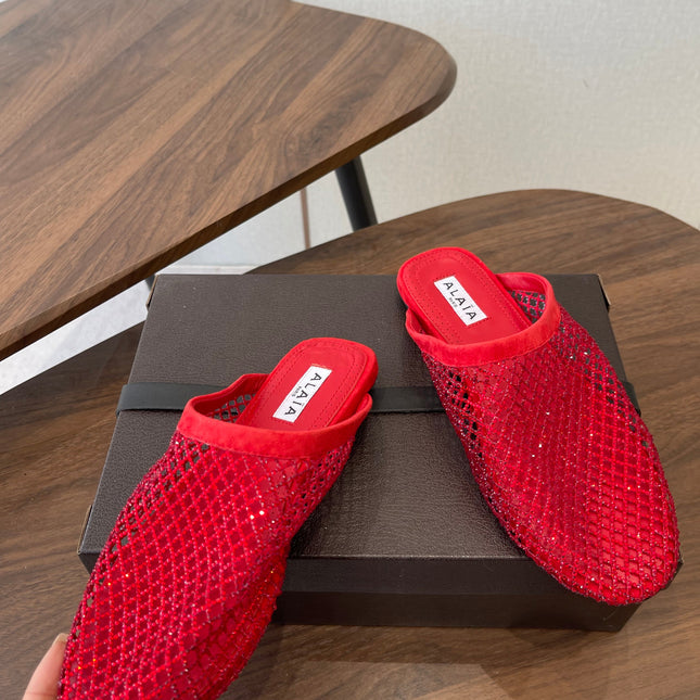 ALAIA 26S FLAT MULES IN RED SUEDE AND MESH RHINESTONE-EMBELLISHED