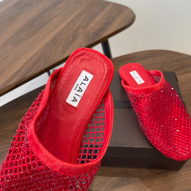 ALAIA 26S FLAT MULES IN RED SUEDE AND MESH RHINESTONE-EMBELLISHED