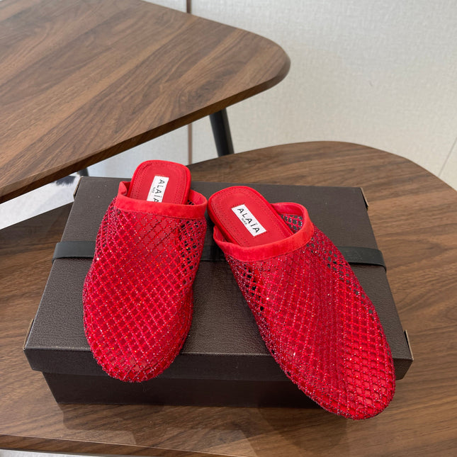 ALAIA 26S FLAT MULES IN RED SUEDE AND MESH RHINESTONE-EMBELLISHED