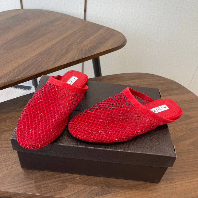 ALAIA 26S FLAT MULES IN RED SUEDE AND MESH RHINESTONE-EMBELLISHED