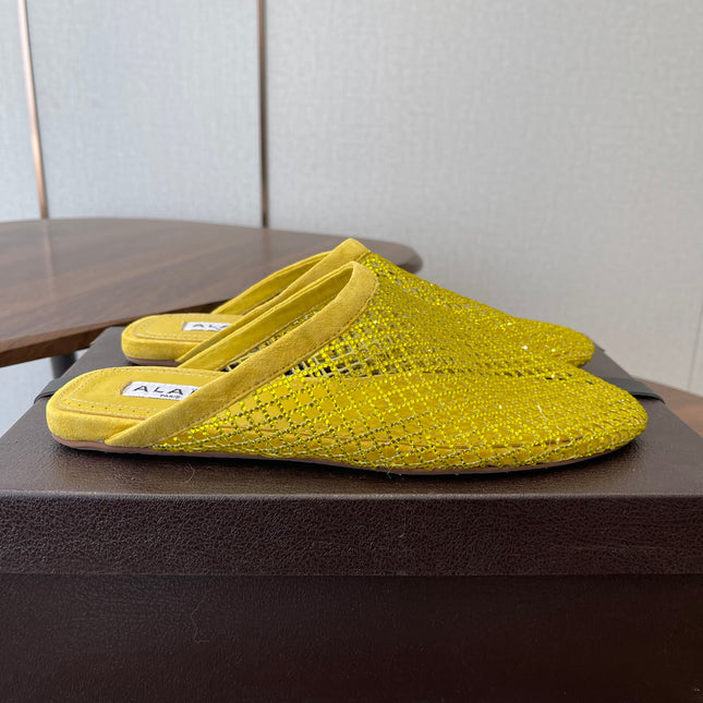 ALAIA 26S FLAT MULES IN DARK YELLOW SUEDE AND MESH RHINESTONE-EMBELLISHED