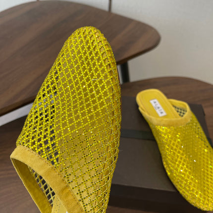 ALAIA 26S FLAT MULES IN DARK YELLOW SUEDE AND MESH RHINESTONE-EMBELLISHED