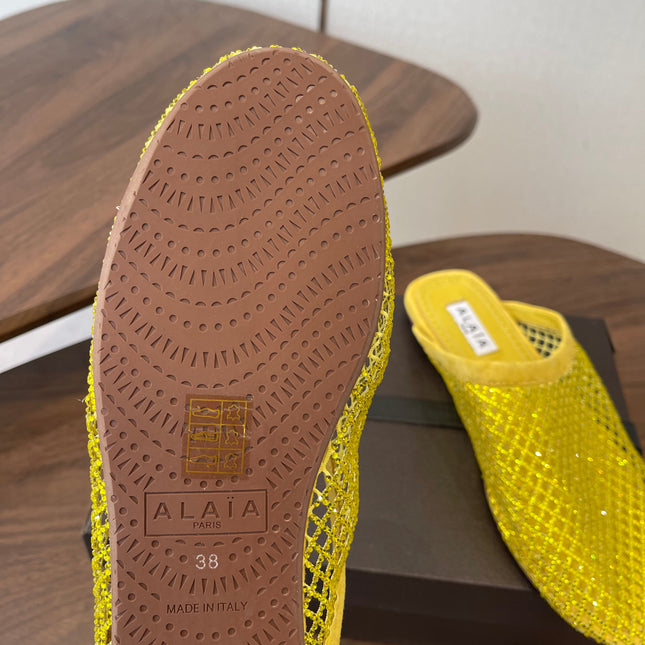 ALAIA 26S FLAT MULES IN DARK YELLOW SUEDE AND MESH RHINESTONE-EMBELLISHED