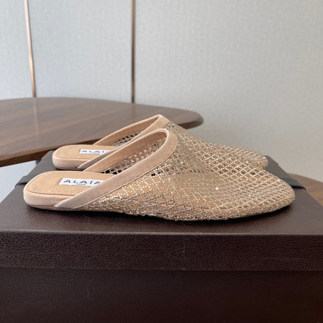 ALAIA 26S FLAT MULES IN BEIGE SUEDE AND MESH RHINESTONE-EMBELLISHED