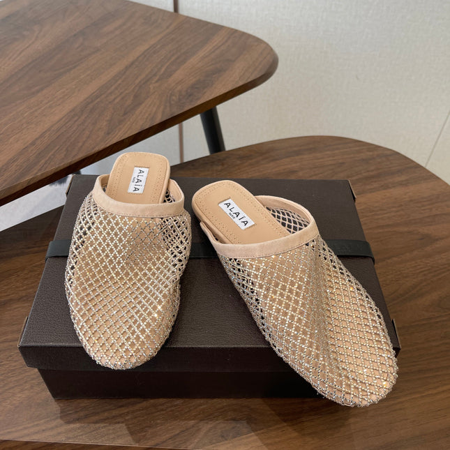 ALAIA 26S FLAT MULES IN BEIGE SUEDE AND MESH RHINESTONE-EMBELLISHED