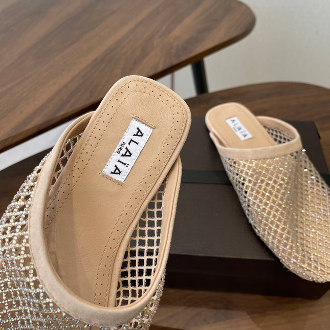 ALAIA 26S FLAT MULES IN BEIGE SUEDE AND MESH RHINESTONE-EMBELLISHED