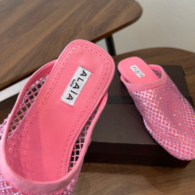 ALAIA 26S FLAT MULES IN PINK SUEDE AND MESH RHINESTONE-EMBELLISHED