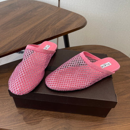 ALAIA 26S FLAT MULES IN PINK SUEDE AND MESH RHINESTONE-EMBELLISHED