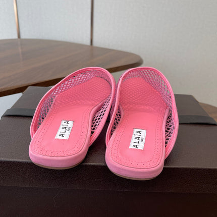 ALAIA 26S FLAT MULES IN PINK SUEDE AND MESH RHINESTONE-EMBELLISHED